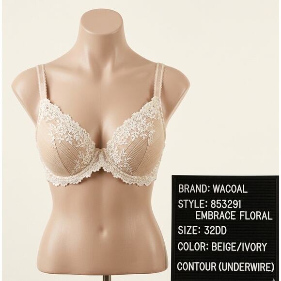 Wacoal Other - Wacoal Embrace Floral Lace Contour Bra 32DD Beige Style 853291 Underwire
